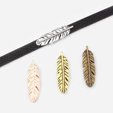 5pcs Antique Brown/Silver Feather Holder Slider Charm for Flat Leather Cord