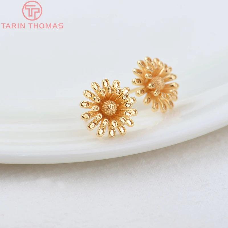 4PCS 12MM 24K Brass Flower Stud Earrings for Jewelry Making