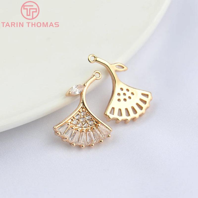6PCS 14x18MM 24K Champagne Brass Zircon Leaf Pendants