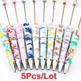 5Pcs Leopard Printed DIY Beadable Ballpoint Pen Jewelry Office Supplies