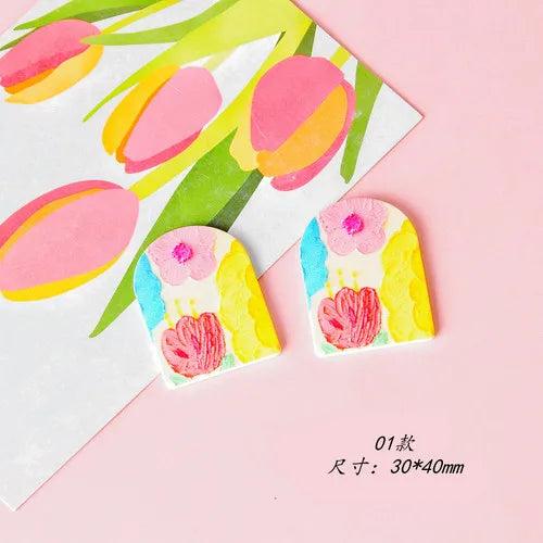 Colorful Flowers Peach Acrylic Impasto Oil Painting DIY Earrings