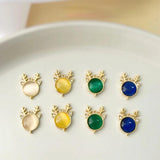 18K Real Double Rings Cat's Eye Stone Elk's Head Pendant Earrings
