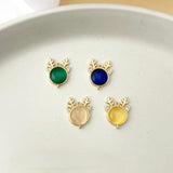 18K Real Double Rings Cat's Eye Stone Elk's Head Pendant Earrings