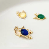 18K Real Double Rings Cat's Eye Stone Elk's Head Pendant Earrings