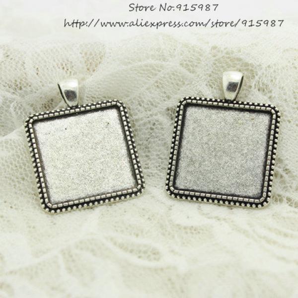 12 pcs Antique Silver Square Cabochon Pendant Blanks