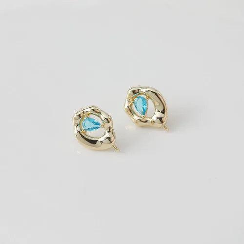 Hand-made 14K Sea Zircon Earrings Irregular Bump Inlay DIY Material Accessory