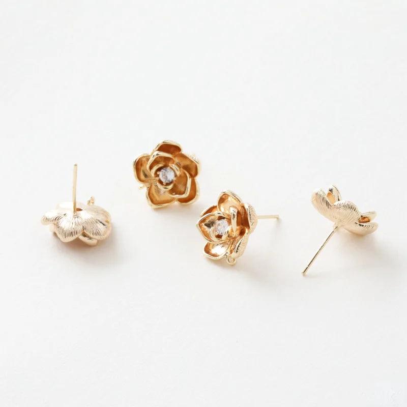 18K Gold-Covered 3D Flower Zircon Earrings DIY Hand-Made Material