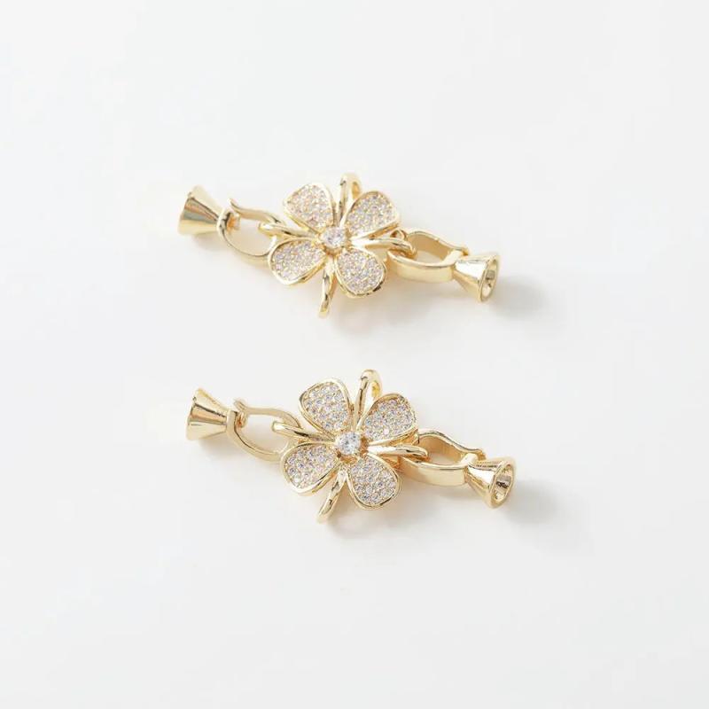 2PCS 14k Plated Bracelet Link Buckle Zircon Flower Bow for DIY Jewelry Making