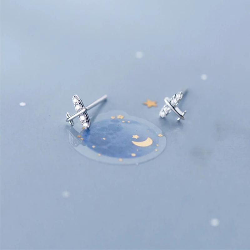 Sterling Silver Airplane Women's Stud Earrings, Small Diamond Airplane