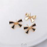 925 Silver Pearl Bow Stud Earrings 14K Wrapped Zircon DIY Temperament Light