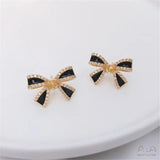 925 Silver Pearl Bow Stud Earrings 14K Wrapped Zircon DIY Temperament Light