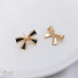925 Silver Pearl Bow Stud Earrings 14K Wrapped Zircon DIY Temperament Light