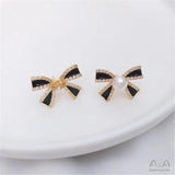 925 Silver Pearl Bow Stud Earrings 14K Wrapped Zircon DIY Temperament Light