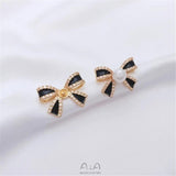 925 Silver Pearl Bow Stud Earrings 14K Wrapped Zircon DIY Temperament Light