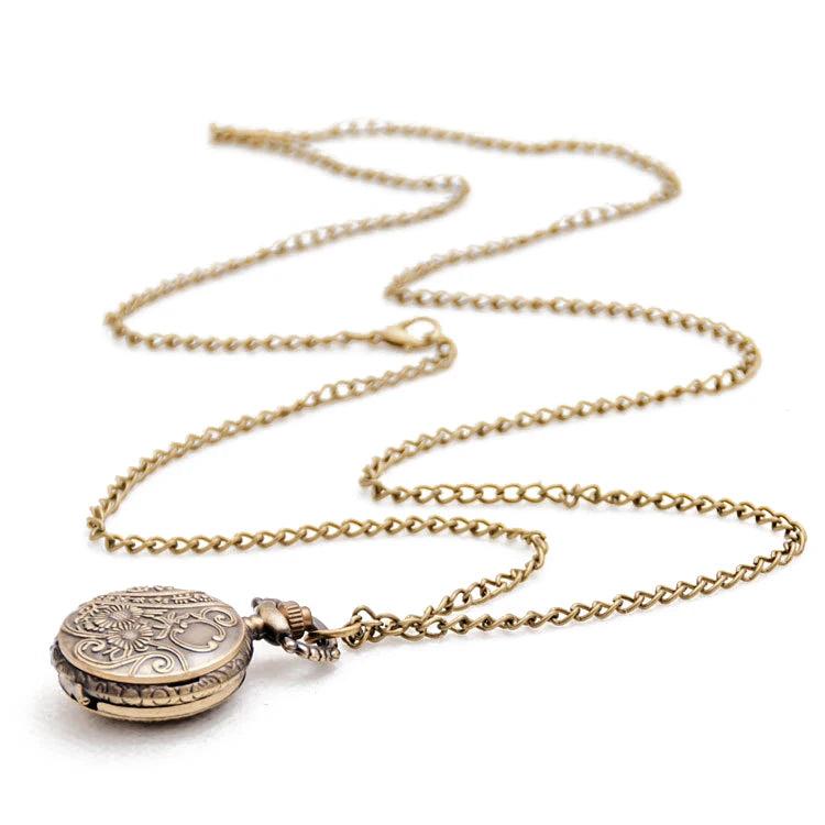 Vintage Retro Bronze quartz watch pocket Chain pendant necklace
