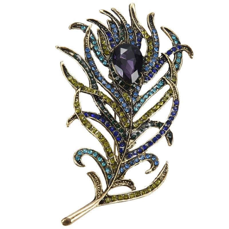 Vintage Bronze Feather Brooch Crystal Rhinestone Jewelry