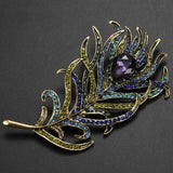 Vintage Bronze Feather Brooch Crystal Rhinestone Jewelry