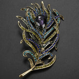 Vintage Bronze Feather Brooch Crystal Rhinestone Jewelry