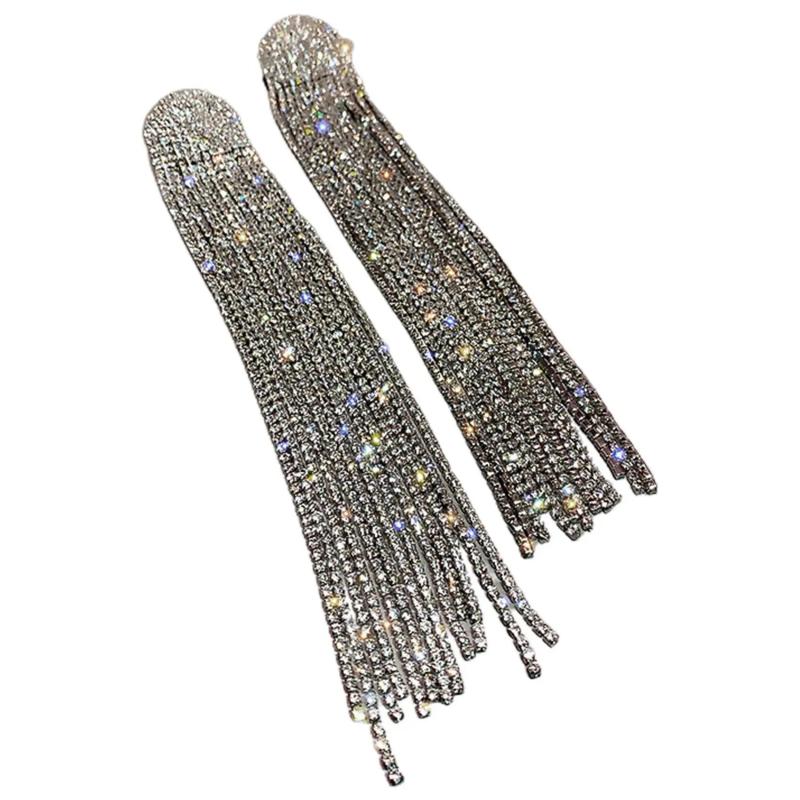Long Tassel Rhinestone Drop Earrings Silver