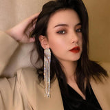 Long Tassel Rhinestone Drop Earrings Silver