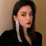 Long Tassel Rhinestone Drop Earrings Silver