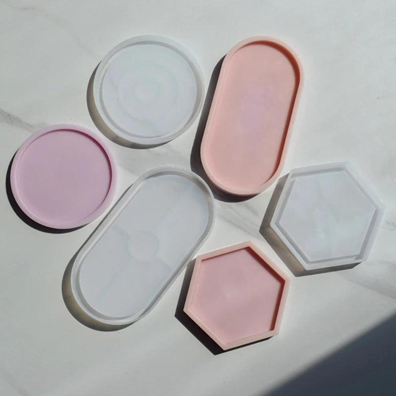 DIY Silicone Mold Tray for Casting - Round Hexagonal Oval Plate Coaster X3UD