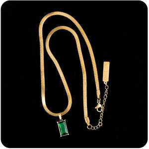 Green Crystal Square Pendant Stainless Steel Necklace Snake Bone Chain