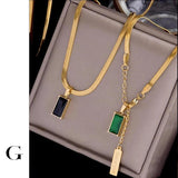 Green Crystal Square Pendant Stainless Steel Necklace Snake Bone Chain