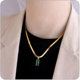 Green Crystal Square Pendant Stainless Steel Necklace Snake Bone Chain