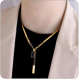 Green Crystal Square Pendant Stainless Steel Necklace Snake Bone Chain