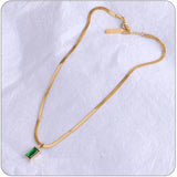 Green Crystal Square Pendant Stainless Steel Necklace Snake Bone Chain