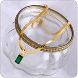 Green Crystal Square Pendant Stainless Steel Necklace Snake Bone Chain