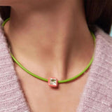 Geometric Heart Square Micro Pave CZ Leather Necklace Women