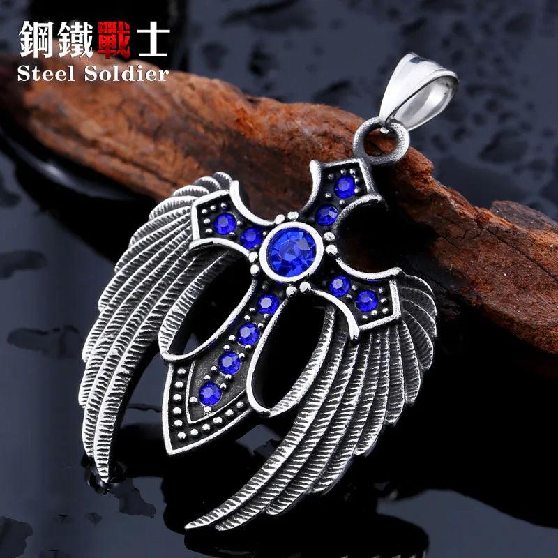 Steel Soldier Stainless Steel Wing Cross Stone Pendant Vintage Jewelry