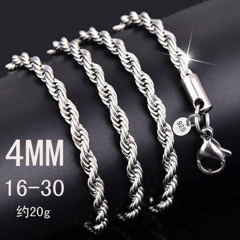 4mm Twisted Chain 925 stamp silver Necklace Pendant Vintage Jewelry