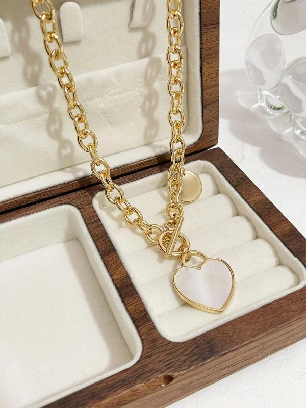 Shell Heart Pendant Chunky Chain Necklace with Toggle Clasp 