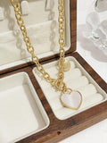 Shell Heart Pendant Chunky Chain Necklace with Toggle Clasp 