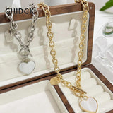 Shell Heart Pendant Chunky Chain Necklace with Toggle Clasp 