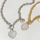 Shell Heart Pendant Chunky Chain Necklace with Toggle Clasp 
