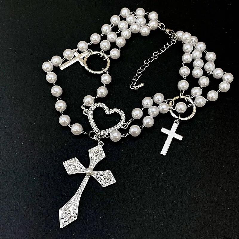 Gothic Cross Pendant Layered Necklace with Pearls Beads