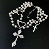 Gothic Cross Pendant Layered Necklace with Pearls Beads