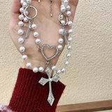 Gothic Cross Pendant Layered Necklace with Pearls Beads