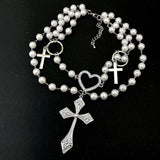 Gothic Cross Pendant Layered Necklace with Pearls Beads