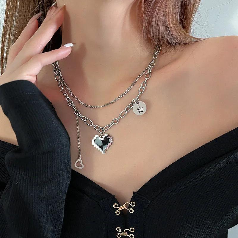 Stainless Steel Pixel Heart Necklace for Women