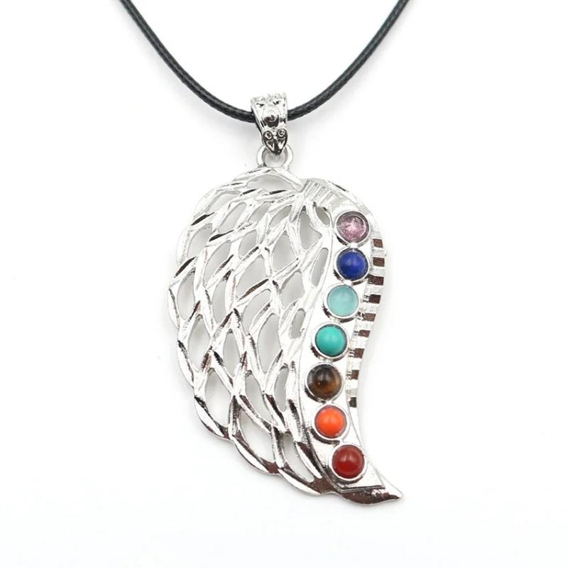 Healing Chakra Crystal Pendant Necklace Reiki Stone Beads Wing Charm Pendulum