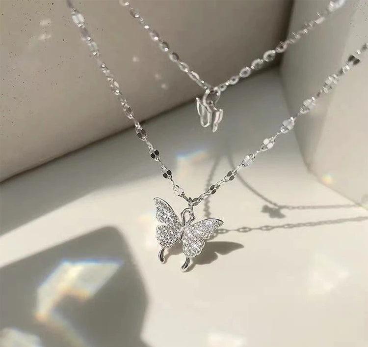 Silver Butterfly Necklace Double Layer Pendant Clavicle Chain for Women