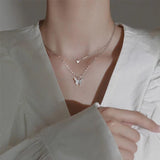 Silver Butterfly Necklace Double Layer Pendant Clavicle Chain for Women