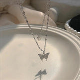 Silver Butterfly Necklace Double Layer Pendant Clavicle Chain for Women