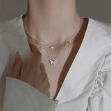 Silver Butterfly Necklace Double Layer Pendant Clavicle Chain for Women