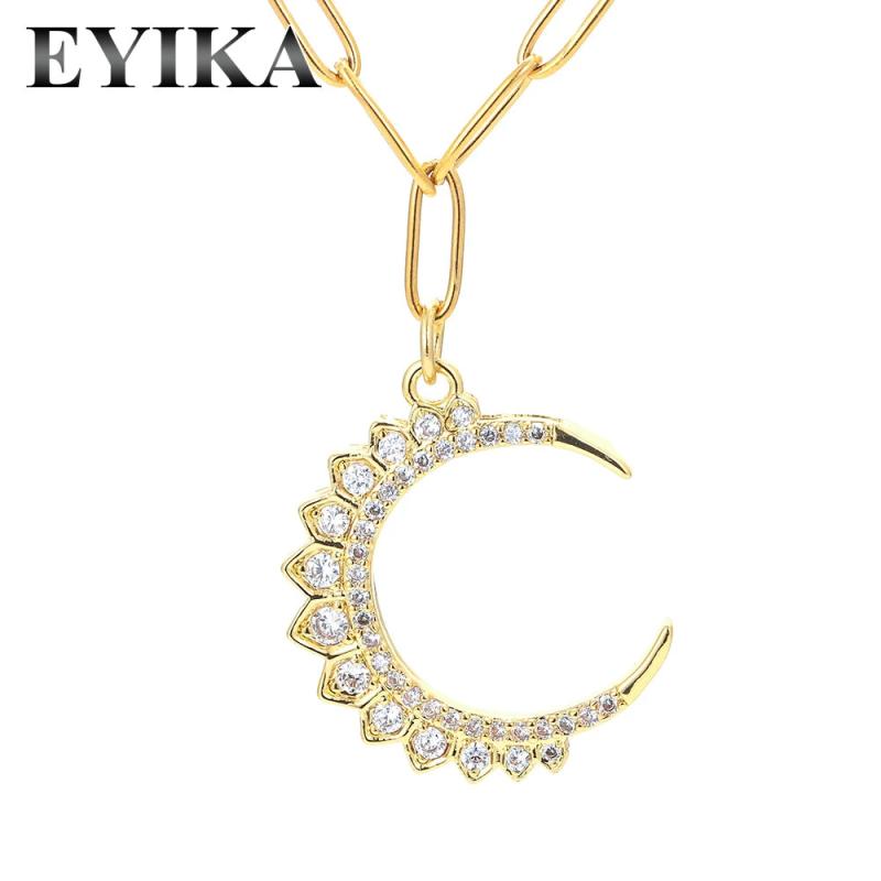 Zircon Crescent Moon Pendant Necklace Stainless Steel Chain Female Choker